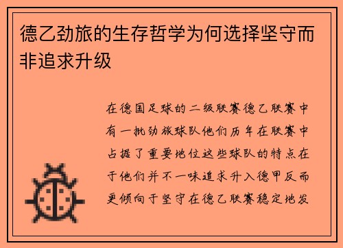 德乙劲旅的生存哲学为何选择坚守而非追求升级